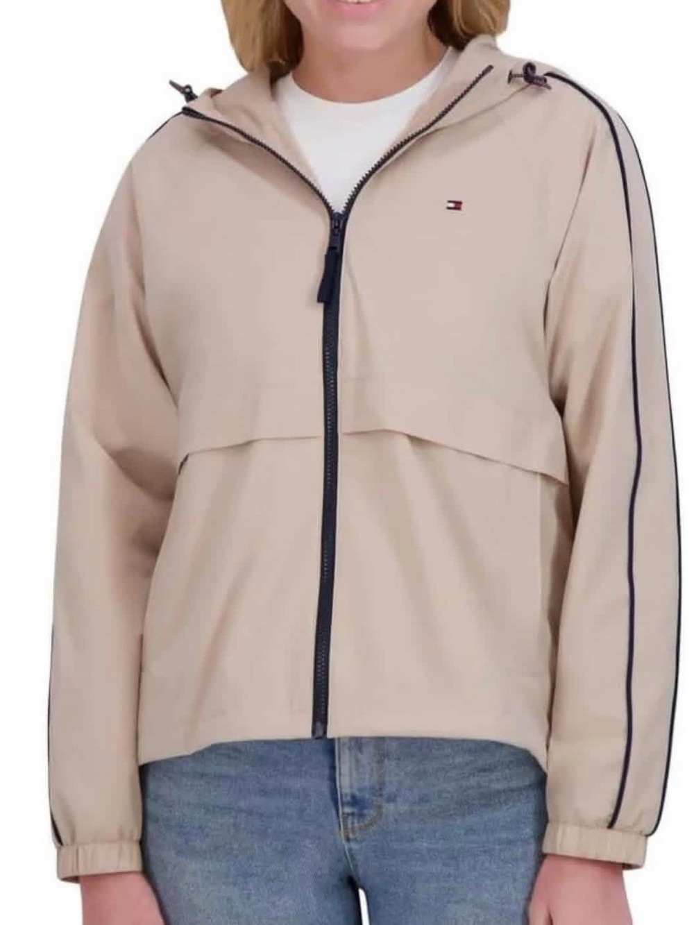 Tommy Hilfiger Beige Hooded Zip Windbreaker Jacket with Navy Trim